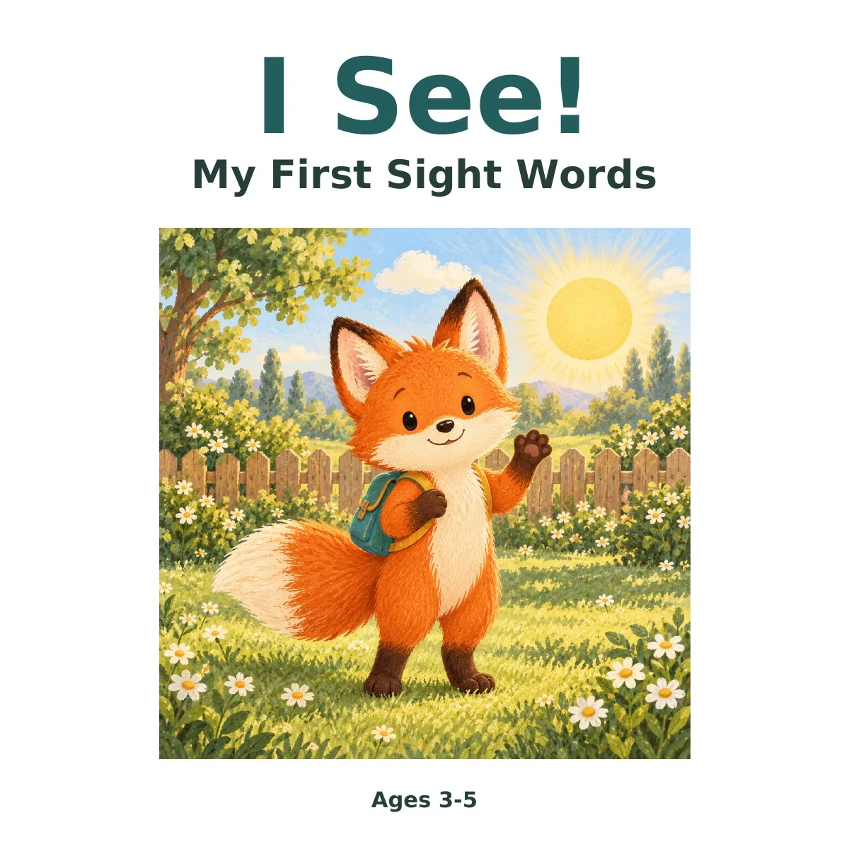 I See! My First Sight Words. Ages 3–5. A fox waves in a sunny garden.